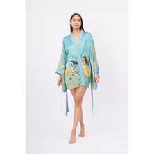 Peraluna JOY SHORT KIMONO Baskılı Saten Kadın Kısa Kimono - Turkuaz