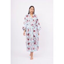 Peraluna ROSEMARY LONG KIMONO Baskılı Saten Kadın Uzun Kimono - Turkuaz