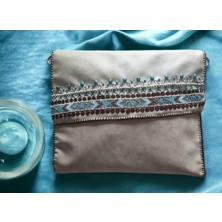 Mavi Boncuklu Bej Suni Deri Kadın Portföy Clutch El ve Kol Çantası