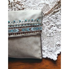 Mavi Boncuklu Bej Suni Deri Kadın Portföy Clutch El ve Kol Çantası