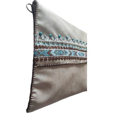 Mavi Boncuklu Bej Suni Deri Kadın Portföy Clutch El ve Kol Çantası