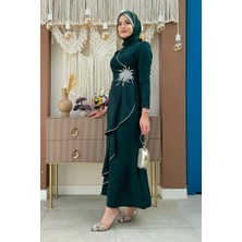 Bym Fashion Bel Kısmı Taş Işlemeli Fırfır Görünümlü Elbise Zümrüt