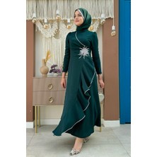 Bym Fashion Bel Kısmı Taş Işlemeli Fırfır Görünümlü Elbise Zümrüt