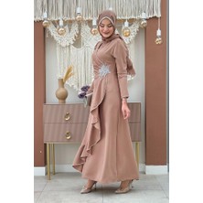 Bym Fashion Bel Kısmı Taş Işlemeli Fırfır Görünümlü Elbise Vizon