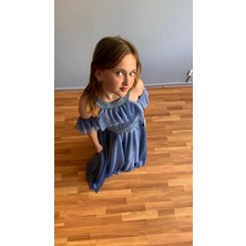 Taha Kids Taşlı Hayal Tül Kız Çocuk Abiye Indigo Mavi