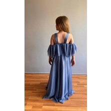Taha Kids Taşlı Hayal Tül Kız Çocuk Abiye Indigo Mavi
