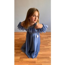 Taha Kids Taşlı Hayal Tül Kız Çocuk Abiye Indigo Mavi