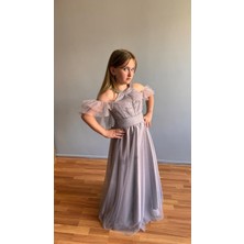 Taha Kids Taşlı Hayal Tül Kız Çocuk Abiye Gri