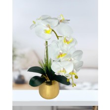 Nettenevime Yapay Çiçek Beyaz Islak Orkide Gold Metal Saksıda Seramik Saksıda Orkide 60CM
