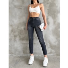 ModaDeniz Likrasız Denim Kumaş Siyah Yüksek Bel Slim Mom Jeans