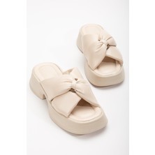 Dilimler Ayakkabı Küçük Taş Detaylı Kalın Taban Çapraz Cilt Bej Kadın Dolgu Topuk Terlik