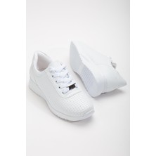 Ince Taban Bağlı Cilt Beyaz Kadın Spor Ayakkabı