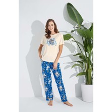 Lodos Store Aydoğan Kadın Kısa Kollu Poplin Kumaş Motto Çiçek Desenli Pijama Takımı Krem