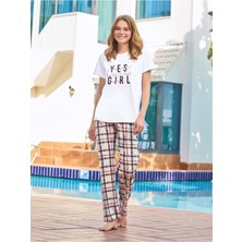 Lodos Store Aydoğan Kadın Atlas Kısa Kollu Ekose Desen Pijama Takımı Lyocell-Pamuk
