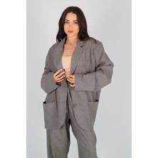 Facette Kadın Haki Oversize Düğmeli Keten Ceket