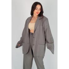 Facette Kadın Haki Oversize Düğmeli Keten Ceket