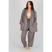 Facette Kadın Haki Oversize Düğmeli Keten Ceket