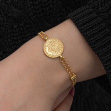 Mevafa 925 Ayar Gümüş Gold Kaplama Tuğralı Kadın Bileklik