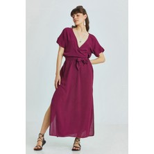 Clandestino V Yakalı Önden Bağlamalı Uzun Elbise Mor