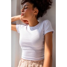 la & vetta Kadın Gri Fitilli Bisiklet Yaka Basic Crop T-Shirt