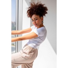 la & vetta Kadın Gri Fitilli Bisiklet Yaka Basic Crop T-Shirt