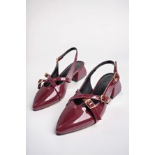 Bulutmod BA04532 Bordo Kadın Rugan Çapraz Kemer Tokalı Günlük 4cm Topuklu Ayakkabı - Bordo - 38