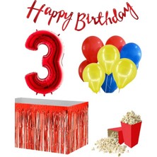 Parti Furyası 3 Yaş  Kırmızı   Balon Rakam Folyo Banner Mısır Kutusu Masa Eteği Doğum Günü Parti Seti