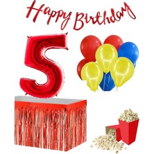 Parti Furyası 5 Yaş  Kırmızı  Balon Rakam Folyo Banner Mısır Kutusu Masa Eteği Doğum Günü Parti Seti