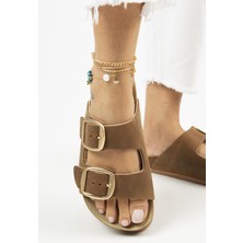 Manijero Irene Eskitme Kadın Deri  Deri Çift Tokalı Kahve Gold Terlik