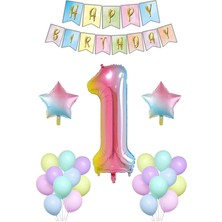 Parti Furyası Gökkuşağı 1 yaş Doğum Günü Parti Süsleme seti; Gökkuşağı Rakam,yıldız Folyo, Banner ve 15 Adet Balon Süsleme Seti