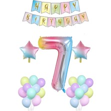 Parti Furyası Gökkuşağı 7 yaş Doğum Günü Parti Süsleme seti; Gökkuşağı Rakam,yıldız Folyo, Banner ve 15 Adet Balon Süsleme Seti