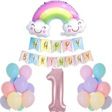 Parti Furyası Makaron Gökkuşağı 1 Yaş Doğum Günü Parti Seti,rakam,gökkuşağı Folyo,banner ve 15 Adet Balon