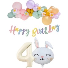 Parti Furyası Tavşan Folyo Balonlu 4 Yaş Balonlu Doğum Günü Konsept Parti Seti Kutlama Eğlence
