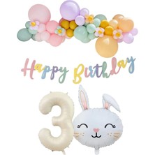 Parti Furyası Tavşan Folyo Balonlu 3 Yaş Balonlu Doğum Günü Konsept Parti Seti Kutlama Eğlence