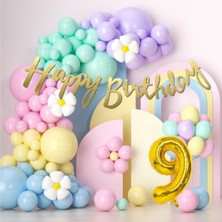 Parti Furyası Makaron Balonlar 9 yaş Doğum Günü Konsepti Rakam Folyo Banner ve 50 Balonlu Süsleme Seti Parti Eğlence Kutlama