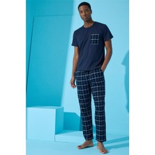 Pijama Evi Lacivert Double Çizgi Ekose Desenli Kısa Kollu Erkek Pijama Takımı