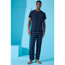 Pijama Evi Lacivert Double Çizgi Ekose Desenli Kısa Kollu Erkek Pijama Takımı