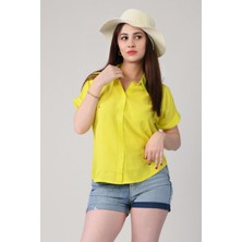 Miss Poem Düğmeli Katlanabilir Kısa Kol Kadın Yazlık Gömlek - Limon Limon - M