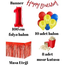 Parti Furyası 1 Yaş Kırmızı  Balon Rakam Folyo Banner Mısır Kutusu Masa Eteği Doğum Günü Parti Seti