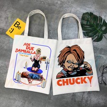 E Gelin Chucky Korkunç Korku Chucky Kanvas Omuz Çantası Çanta Bayanlar Casual Tote Çanta Büyük Kapasiteli Yeniden Kullanılabilir Alışveriş Çantası (Yurt Dışından)