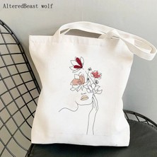 B4 Shopper Kadın Yüz Bir Hat Sanat Baskılı Tote Çanta Kadın Harajuku Shopper Çanta Kız Omuz Alışveriş Çantası Bayan Kanvas Çanta (Yurt Dışından)