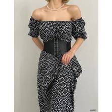 Rengamoda Kadın U Yaka Omuz Detay Puantiyeli Elbise (Renkli)