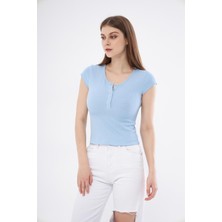 Chandraswear Kadın Mavi Dar Kalıp Crop T-Shirt - Citcit