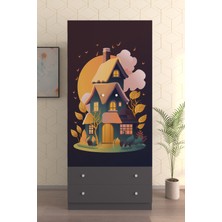 Hediyeler Kapında Çocuk Odası 2 Kapaklı Dream House Gardırop  5 Raflı 2 Çekmeceli Askılı Elbise Dolabı