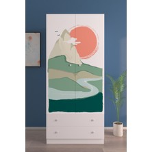 Hediyeler Kapında Çocuk Odası 2 Kapaklı Sunset Gardırop  5 Raflı 2 Çekmeceli Askılı Elbise Dolabı