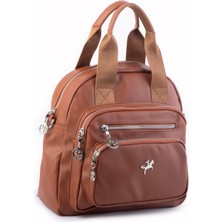 Nas Bag Kadın Çok Gözlü Dönüştürülebilir El Omuz ve Sırt Çantası Taba Yıkamalı   ( En : 28 Cm; Boy :25C M)