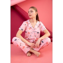 Tampap Kadın Düğmeli Desenli Pijama Takımı Kısa Kollu Takım 1974