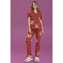 Tampap Kadın Düğmeli Desenli Pijama Takımı Kısa Kollu Takım 1974