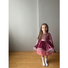 Taha Kids Kadife Perenses Abiye Elbise Pembe