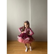 Taha Kids Kadife Perenses Abiye Elbise Pembe